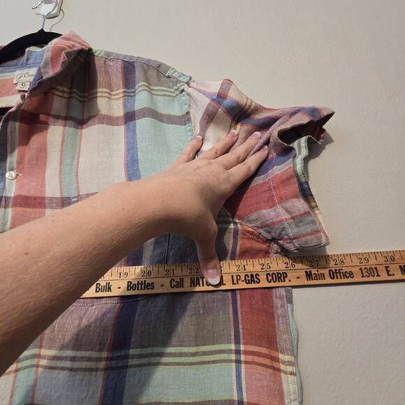 J Crew Baird McNutt Irish Linen Plaid Camp Shirt Men XL Loop Collar Short Sleeve - Picture 9 of 12